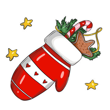A playful hand-drawn vector sticker featuring a bright red and white striped winter mitten decorated with small heart shapes. mitten holds classic holiday elements