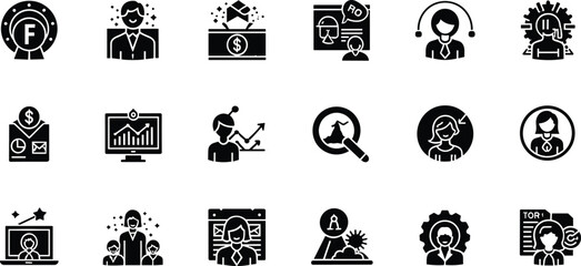 Set of 18 Black and White Business and Service Icons Featuring Support, Finance, Leadership, Recognition, and Online Presence