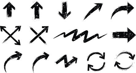 Set of 16 Grunge-Style Distressed Arrows in Various Shapes and Directions for Graphic Design and UI Elements