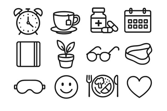 Healthy Routine Icons. Healthy routines linear icon set. alarm clock, tea cup, vitamins, calendar, journal, plant, reading glasses, light exercise band, sleep mask, smile icon