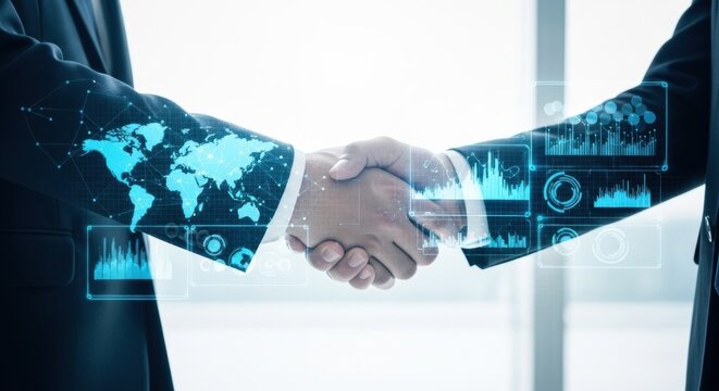 Two business people shake hands with a futuristic holographic overlay showing a world map and financial data, symbolizing a global partnership and modern technology