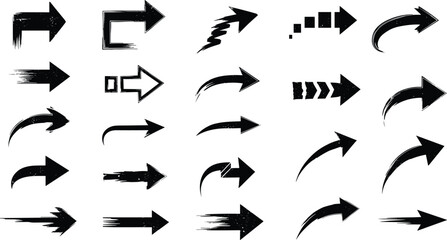 Set of 20 Black and White Arrow Icons in Grunge, Brushstroke, Pixel, and Geometric Styles for Graphic Design