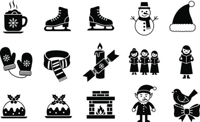 Set of 15 Black and White Christmas and Winter Icons for Holiday Design, Decoration, and Seasonal Graphic Projects