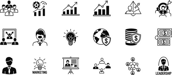 Set of 20 Black and White Business, Finance, Marketing, and Leadership Icons for Strategy, Growth, and Team Management
