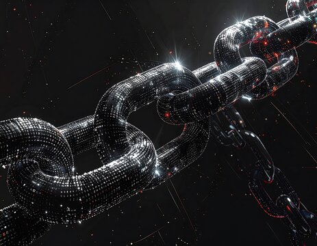 Metallic, shiny chain links, partially in focus, float in a dark space filled with sparkling points of light and lines - Powered by Adobe