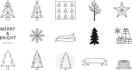 Set of 16 Black and White Minimalist Holiday Icons Featuring Trees, Snowflakes, Stars, Gifts, and Seasonal Banners
