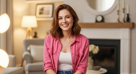 Portrait of a cheerful auburn-haired woman in a casual pink shirt smiling warmly while relaxing in her elegantly decorated home with soft, inviting light