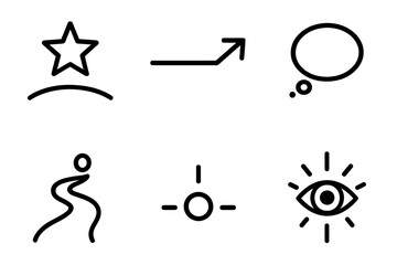 Aspirational Icon Journey. Aspirational Dream linear icon set: rising star, horizon line, goal arrow, hopeful bubble, aspiration spark, future path, upward dot, vision glow