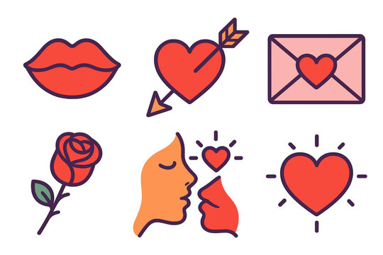 Valentine Icon Set. Valentine Kiss Set flat icon set: heart-shaped lips, cupid arrow icon, love envelope, rose stem, tender face silhouette, heart glow - Powered by Adobe