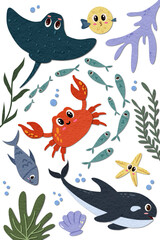 Illustrations of cute and adorable underwater creatures for children's wall decorations