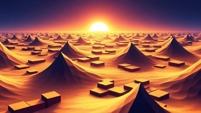 Golden lowpoly desert panorama at sunset with geometric dunes.