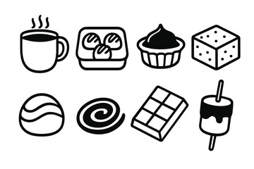 Chocolate Treat Icons. Chocolate Treats linear icon set. cocoa mug, truffle set, chocolate tart, brownie, bonbon, melted chocolate swirl, candy bar, dipped marshmallow