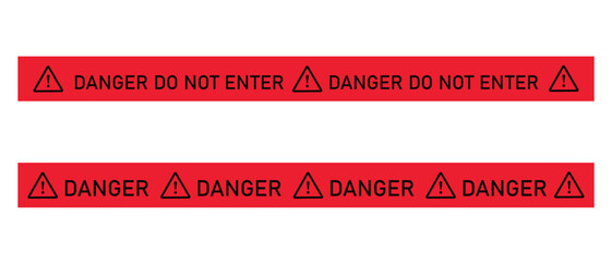 Red danger tape design with bold warning text and symbols for hazard, safety, caution and restricted areas.