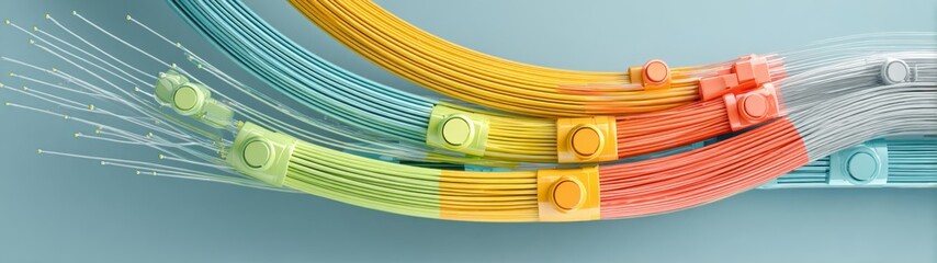 Optical Fiber Cable in Minimalist Setting, sleek fiber optic cable illuminated against a clean backdrop, emphasizing its intricate design and technological elegance in a spacious environment