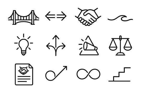 Symbolic Conflict Resolution Icons. Conflict Resolution Approaches linear icon set: bridge icon, aligned arrows, handshake symbol, calm wave, solution spark, merged path, clarity
