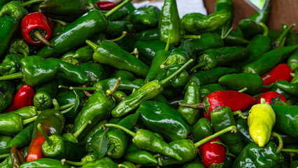 A vibrant contrast of fresh, glossy red and green bell peppers displayed together against a dark background. Highlights color, health, and cooking ingredients