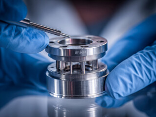 Technician inspecting and assembling a precision engineered stainless steel component with a handheld tool while wearing protective blue gloves in a clean environmen
