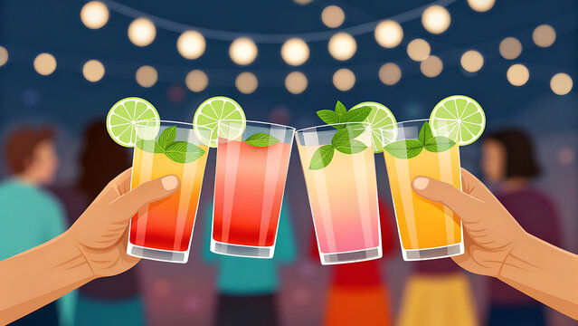 Friends clinking glasses of colorful cocktails at a festive outdoor party with string lights overhead