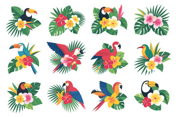 Fototapeta premium Collection of tropical birds and exotic flowers in vibrant colors