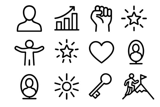 Empowerment Icons. Self-Empowerment linear icon set: person silhouette, growth chart, raised fist, open arms, star, motivational quote, heart, mirror, light rays, key, mountain