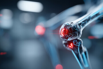 Defocused medical lab scene with a crisp hologram of the hip area displaying red pain localization in the bones, soft blue accents, futuristic analysis setting, with copy space, 