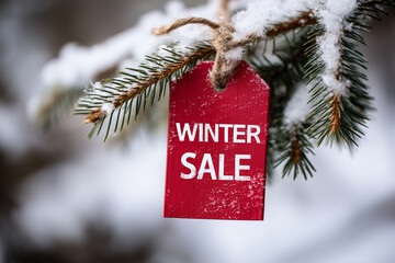 close up of a red paper tag tied with twine to a pine branch, the text "WINTER SALE" is printed in white, blurred snowy background