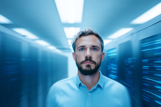 Blurred IT specialist with sharp detailed view of metallic racks under electric blue lighting in hallway, with copy space