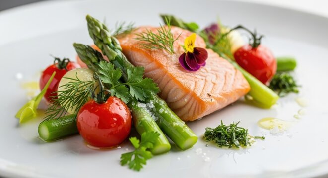 Gourmet salmon fillet with asparagus, cherry tomatoes and edible flower garnish