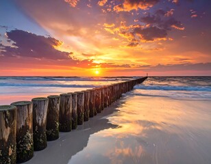 A breathtaking ocean sunset. The golden sun sets beyond a wooden barrier extending into the serene sea, reflecting in the wet sand