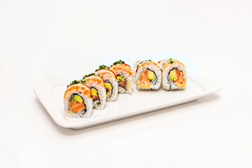 Cucumber and Avocado Uramaki with fresh cucumber strips, avocado, and traditional seasoned rice