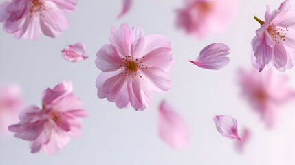 Obraz premium Delicate soft pink cherry blossom flowers with scattered petals for decorative design