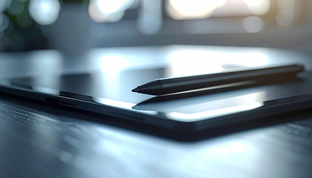 Digital Art Tools: The photograph shows a close-up of a tablet with a stylus. The objects are displayed on a wooden table, under natural light, creating a calm atmosphere.