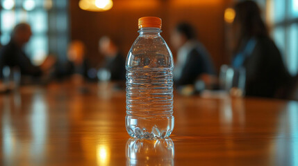Close-up of a water bottle on a conference table with blurred professionals discussing in the background highlighting corporate environment business collaboration teamwork and a modern office setting