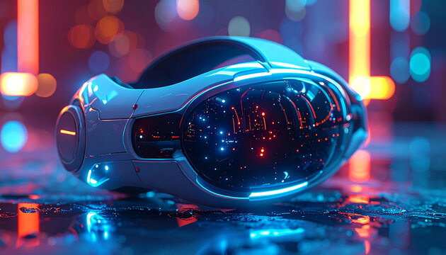 Cyberpunk Futuristic VR Headset: A sleek, futuristic virtual reality headset, illuminated with vibrant neon lights, sits on a reflective surface, offering a glimpse into a high-tech future. - Powered by Adobe