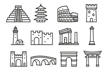 Iconic World Heritage Sites. World Heritage Sites linear icon set: stone temple, pagoda, amphitheater, castle tower, lighthouse, fortress wall, ancient ruins, monument pillar, city