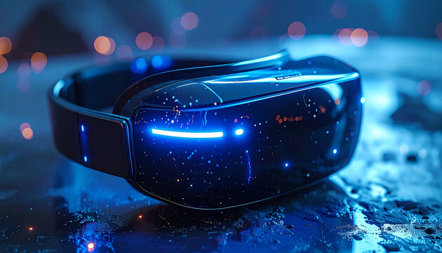VR Headset's immersive technology experience: A close-up shot of a modern VR headset, emitting a cool blue glow, hinting at the immersive experience it offers, with a futuristic design.