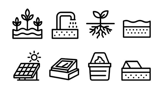 Sustainable Roof Icons. Sustainable Roof Systems linear icon set: vegetation layer, irrigation pipe, root barrier, soil section, roof cross-section, solar unit, skylight, compost
