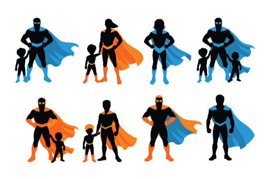 Silhouette superhero family poses with capes and masks