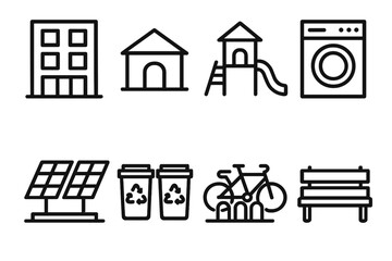 Affordable Housing Icons. Affordable Housing linear icon set. apartment block, community center, playground, shared laundry, solar panels, recycling bins, bike rack, bench