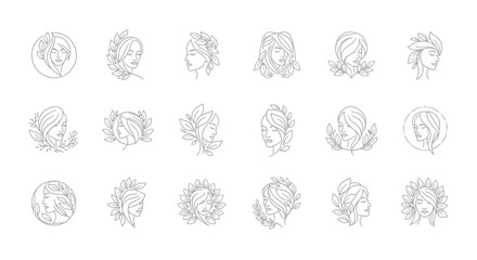 Elegant woman head with foliage linear logo collection representing natural beauty and wellness