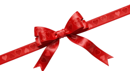 Elegant red ribbon tied in a bow with heart pattern isolated on transparent background