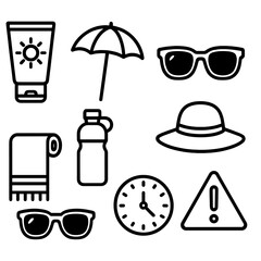 Fototapeta premium Sun Protection Essentials. Sun protection concept linear icon set: sunscreen tube, umbrella, sunglasses, hat, beach towel, water bottle, clock, warning sign