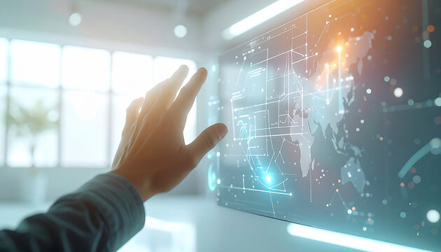 Exploring the Digital Frontier: A hand interacts with a holographic interface, seamlessly merging technology and human interaction in a modern workspace.