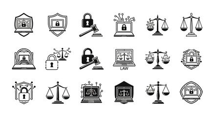 Fototapeta premium Collection of vector icons representing digital security legal concept for websites