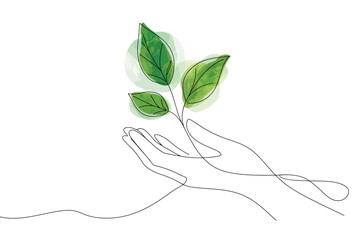 Delicate hand holding a growing green plant with watercolor leaves