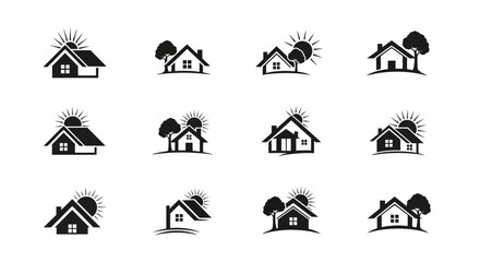Elegant collection of residential building icons with sun and tree elements minimal design
