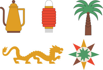 Oriental elements isolated on, including dragon, lantern, and palm
