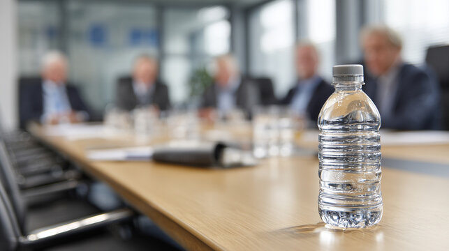 Close-up of a water bottle on a conference table with blurred professionals discussing in the background highlighting corporate environment business collaboration teamwork and a modern office setting