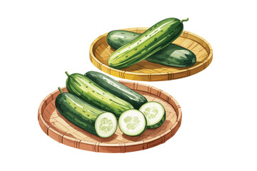 Fresh cucumbers on woven trays watercolor illustration