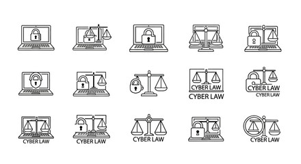 Illustrations representing cyber law concepts with scales and computer security icons